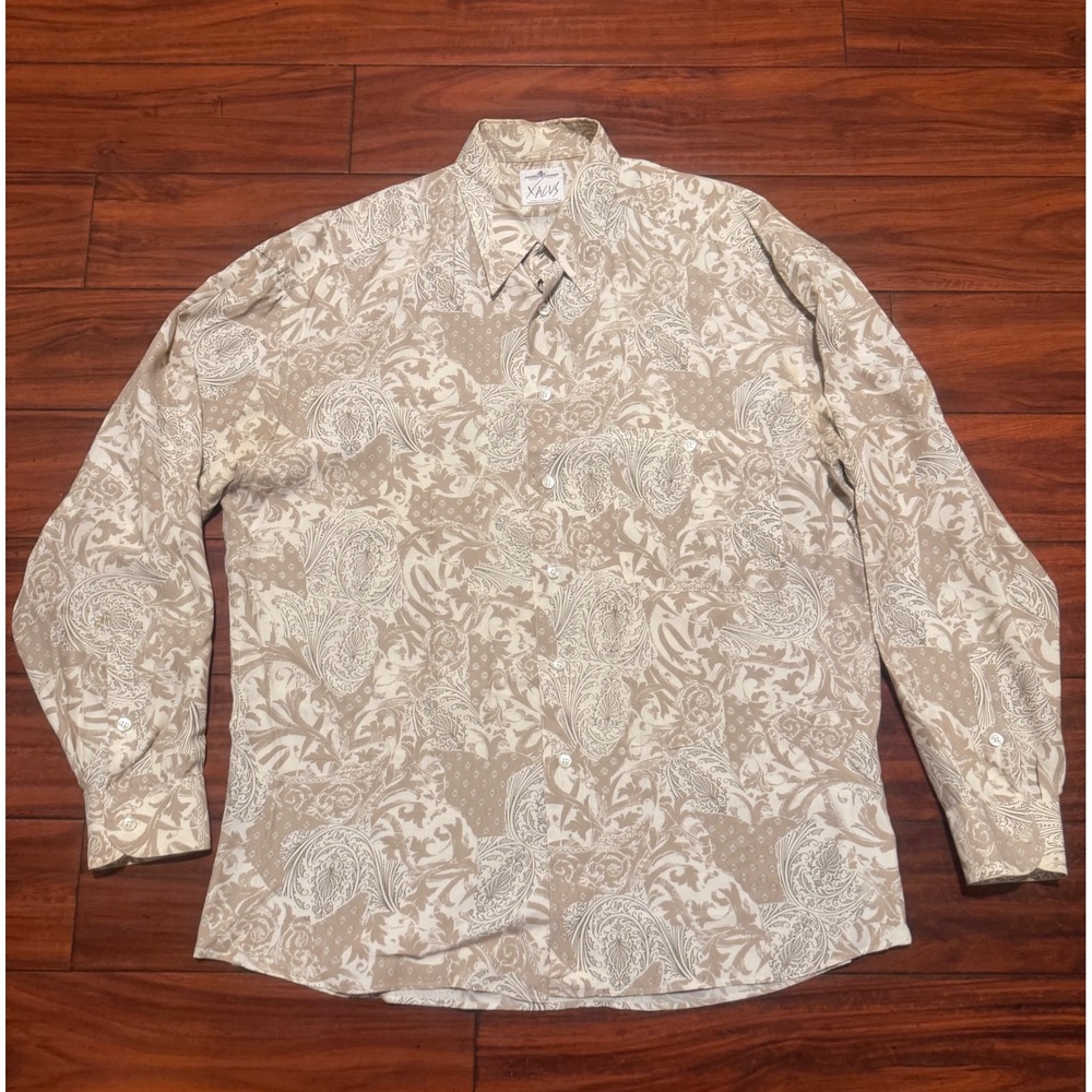 Xacus Collection Italy Mens Paisley Rayon Button Down Shirt Beige Cream SZ 42